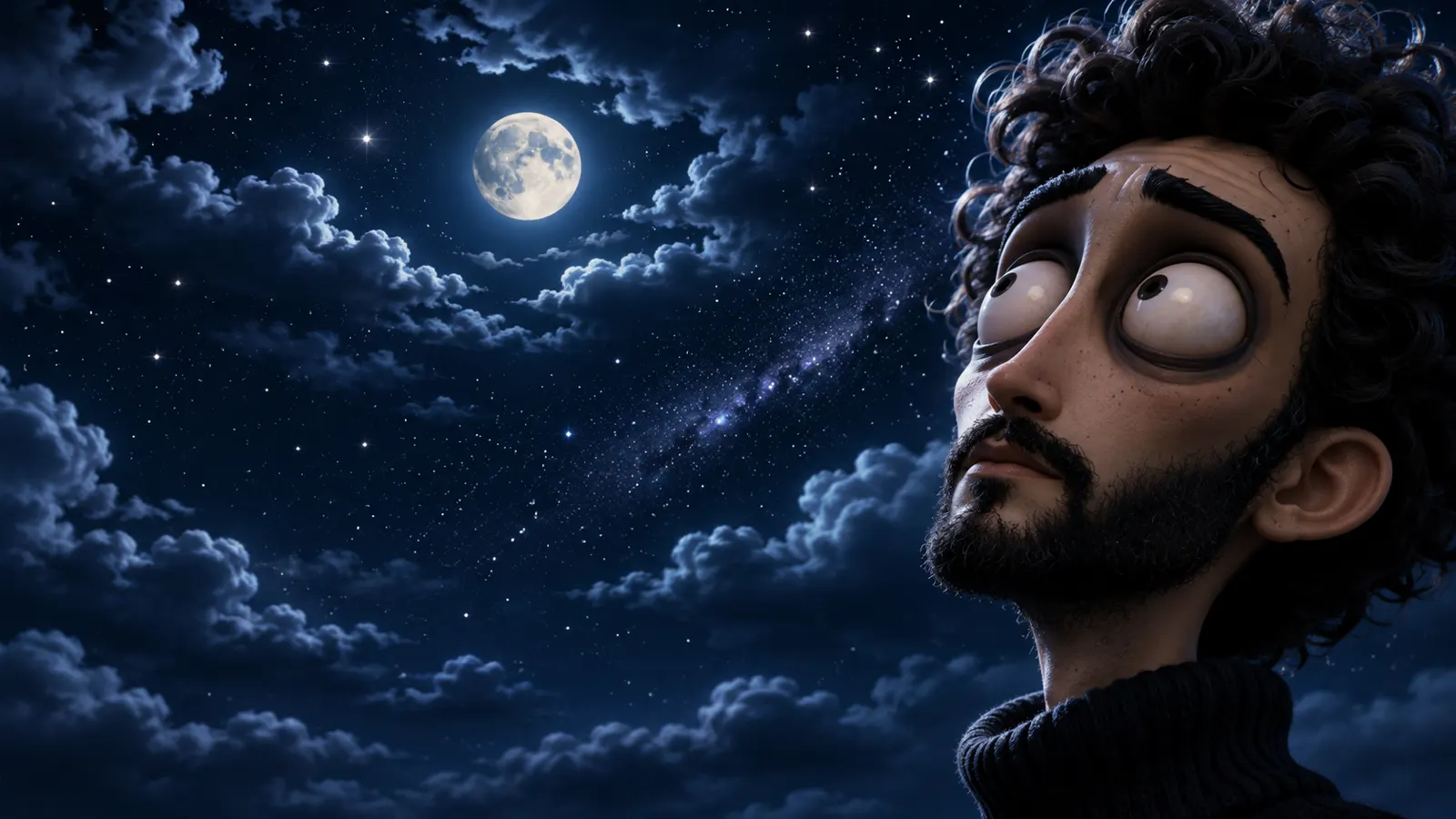 Le personnage au col roulé regarde la lune