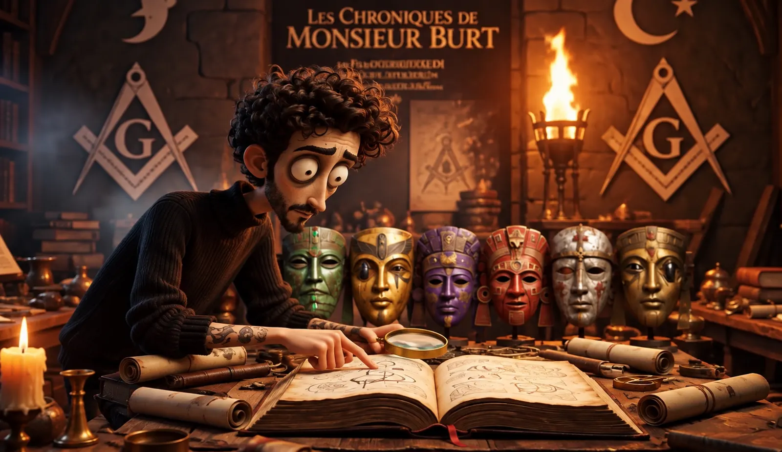 Monsieur Burt étudie un grimoire devant une rangée de masques anciens