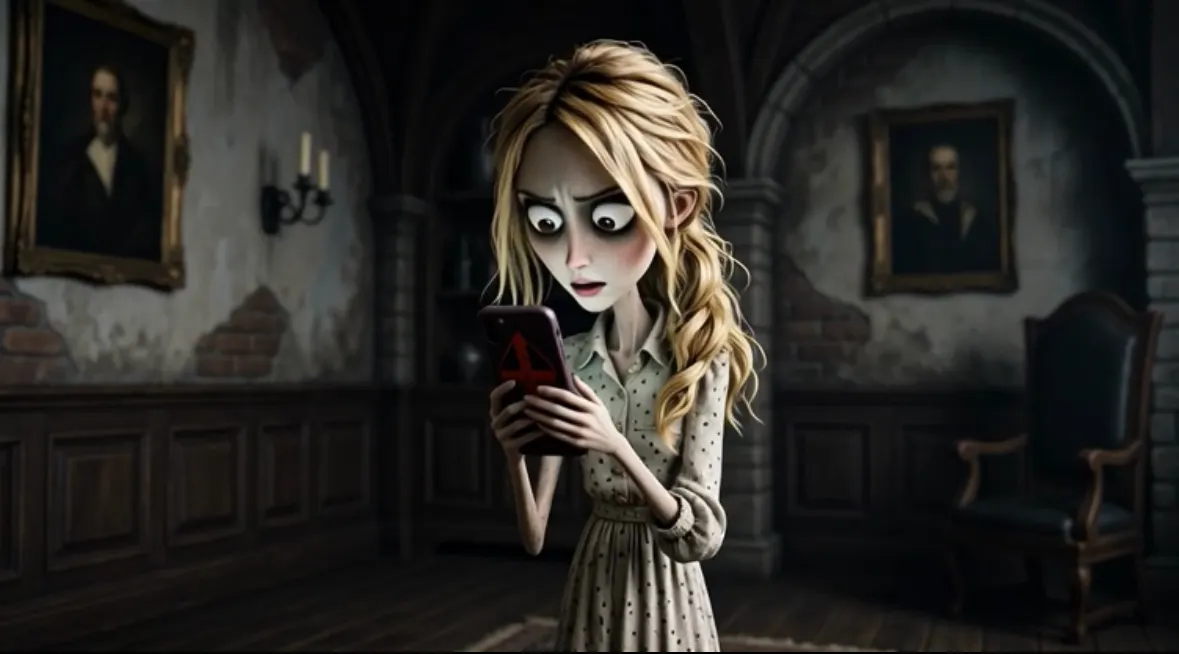 Une jeune femme effrayée par son téléphone