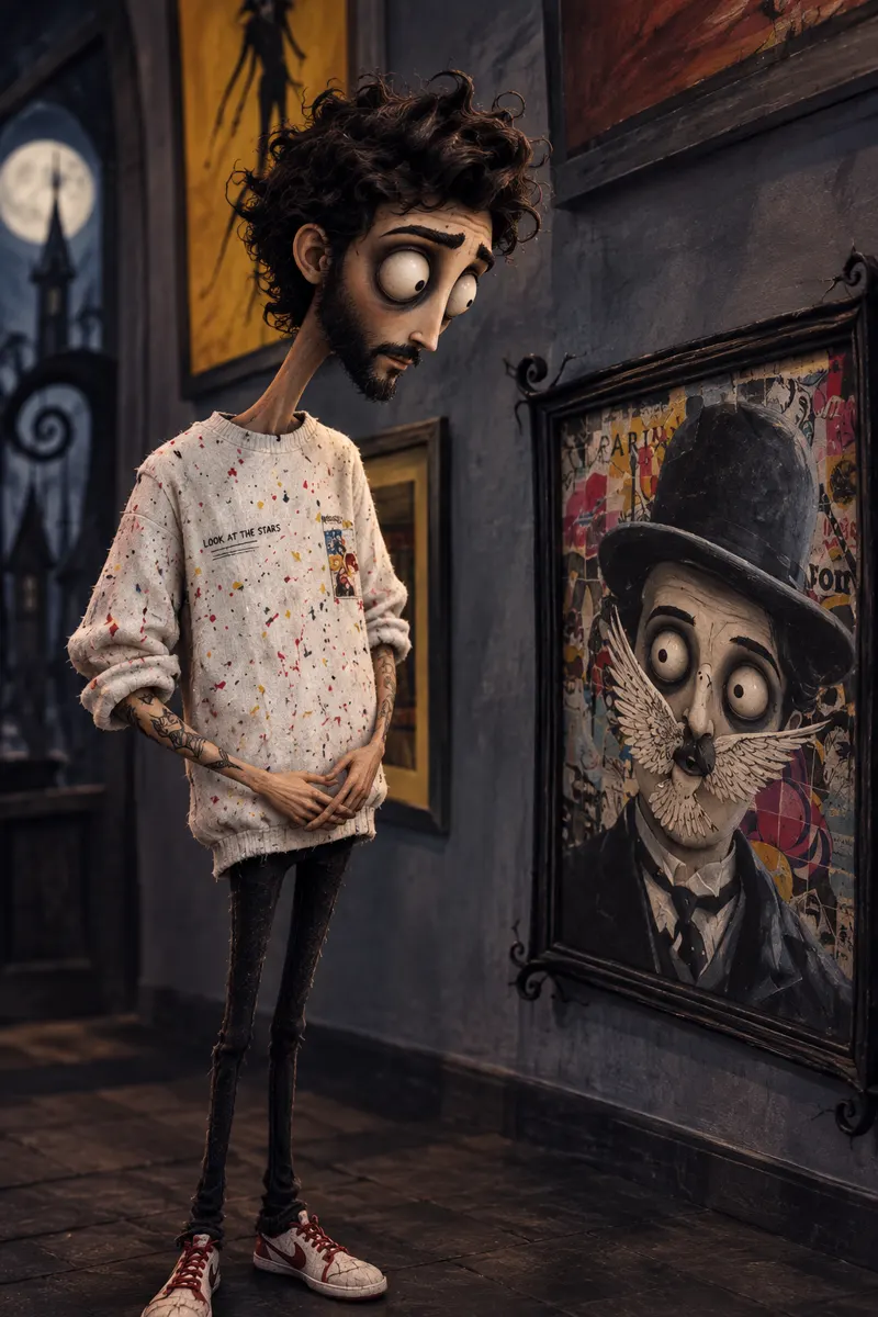 Le personnage aux cheveux bouclés devant un portrait
