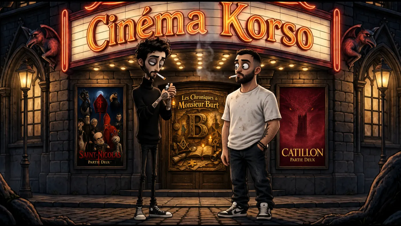 Deux personnages devant le Cinéma Korso