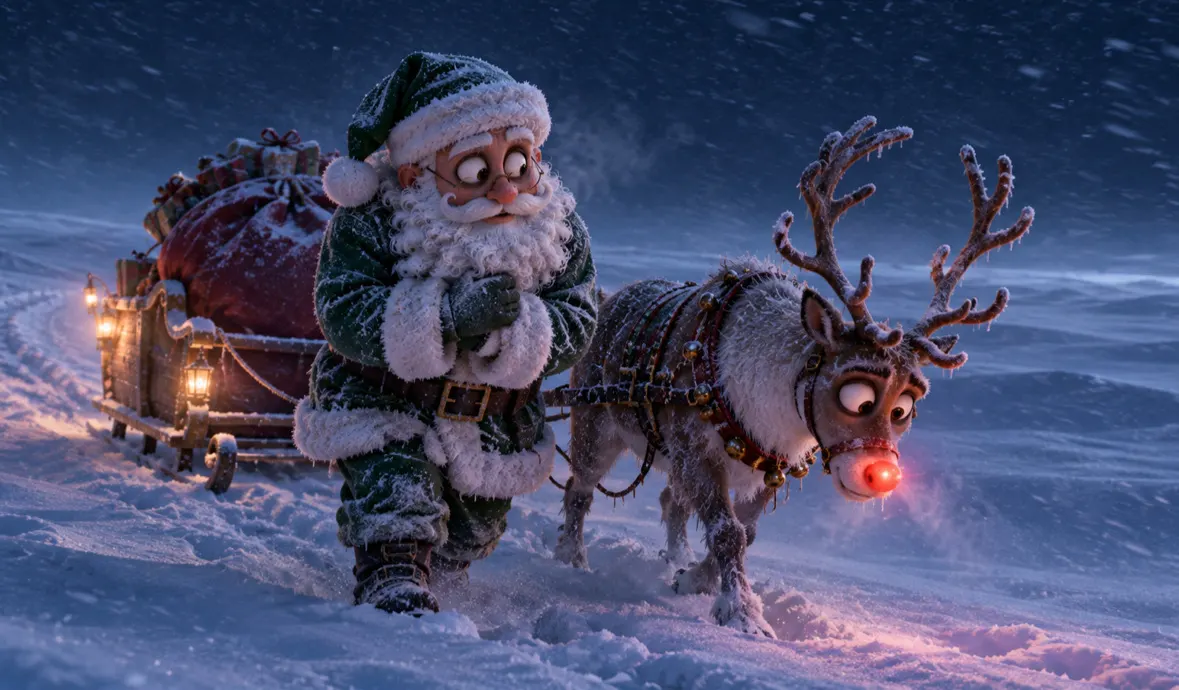 Le Père Noël vert et son renne dans la tempête