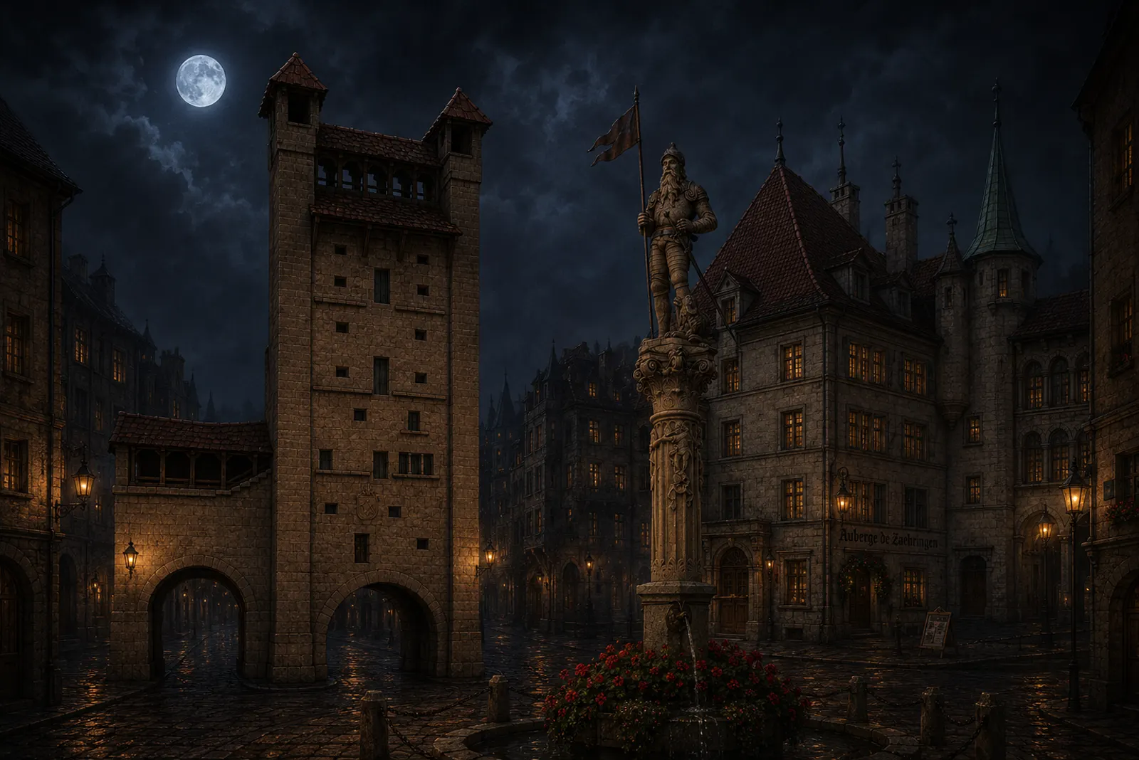 La place et sa tour, de nuit